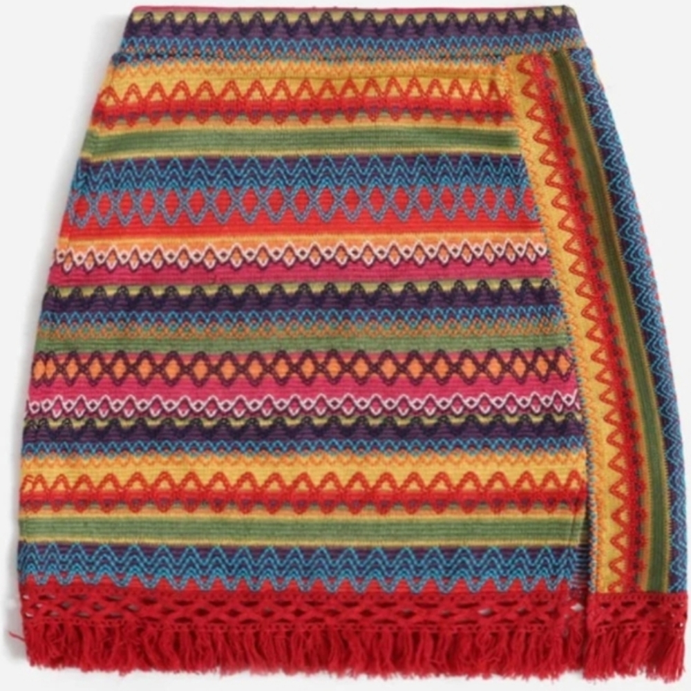 Multicoloured Embroidery Skirt with Fringe Detail